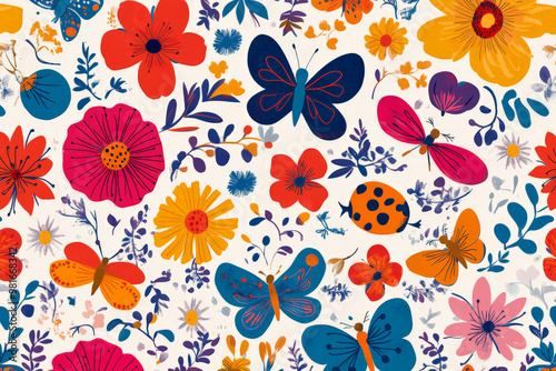 A fun doodle-style pattern with cheerful flowers, butterflies, and ladybugs, in bold, playful colors for children's prints or wallpaper.