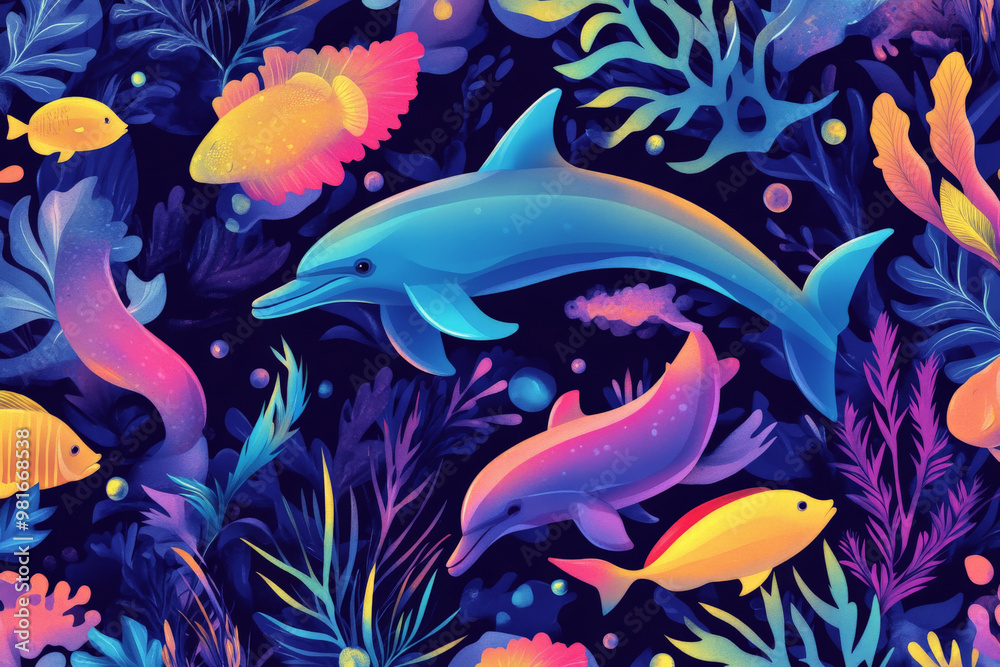 A playful seamless marine design of dolphins, seaweed, and tropical fish in bright neon colors for a fun ocean-themed print. A playful seamless marine design of dolphins, seaweed, and tropical fish in bright neon colors for a fun ocean-themed print.