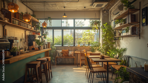 An eco-friendly café offering zero-waste.The décor is rustic and sustainable, with plants and recycled materials enhancing the zero-waste vibe.