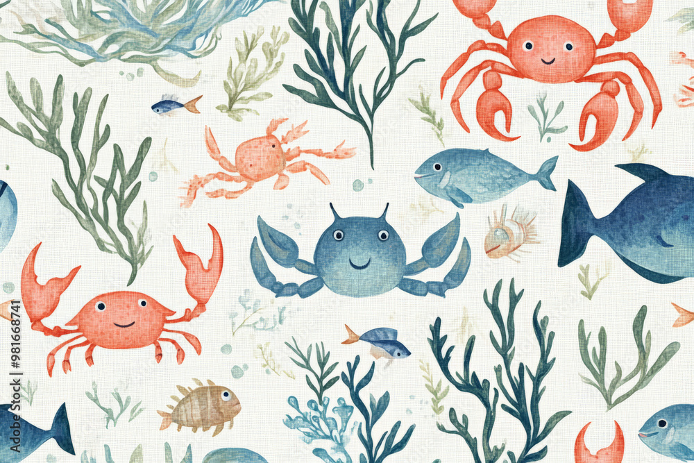 Obraz premium Seamless marine pattern with cute crabs, lobsters, and fish swimming through seaweed, in soft blues and greens, for a relaxed ocean-themed fabric.