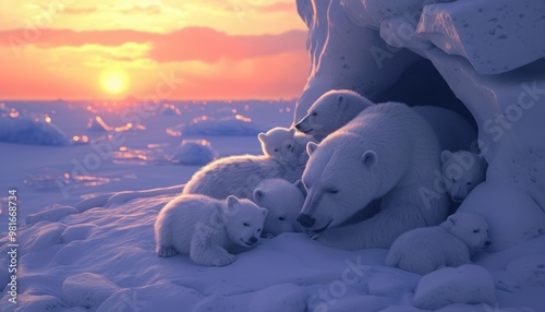 Polar bear cubs snuggling close in snowy den with pink sunset sky visible photo