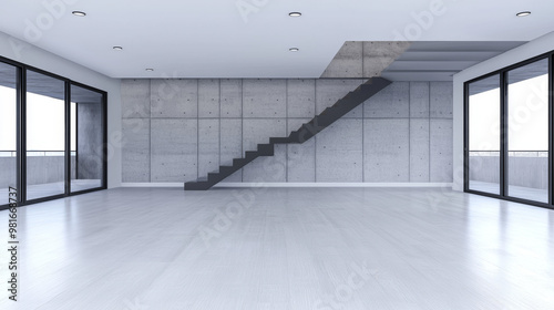 Modern loft with concrete wall, stairs, and large windows.