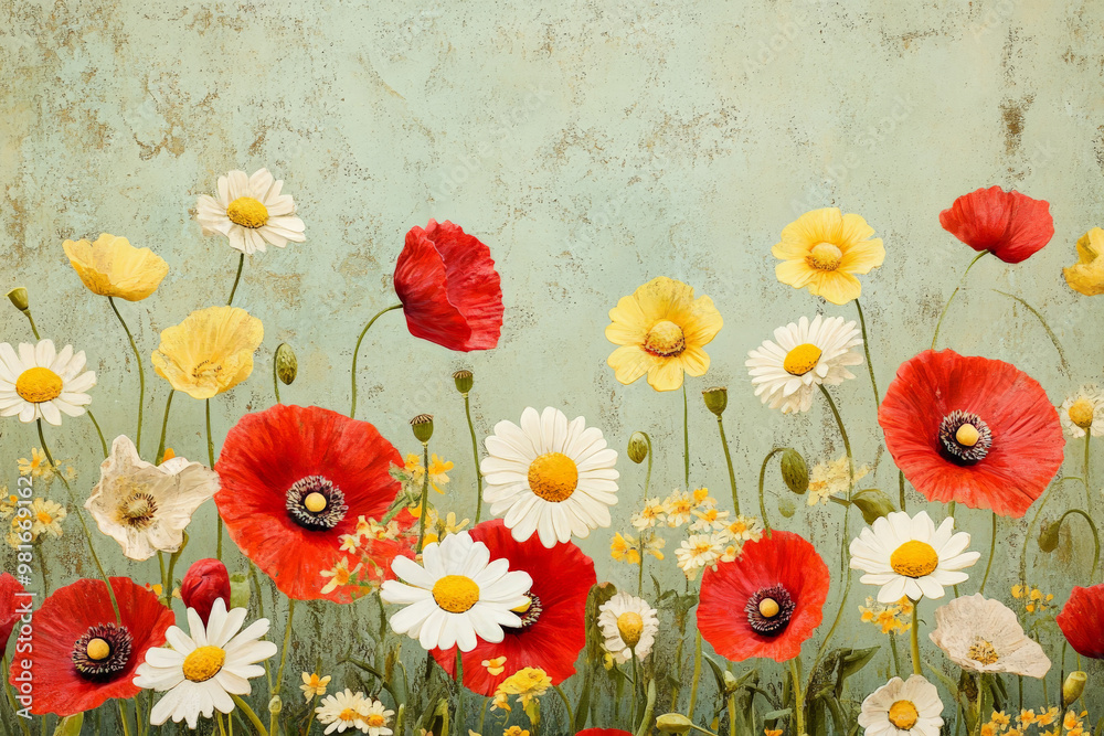 A radiant floral background of wild poppies and daisies blooming in vibrant reds, yellows, and whites, set against a textured light green background.