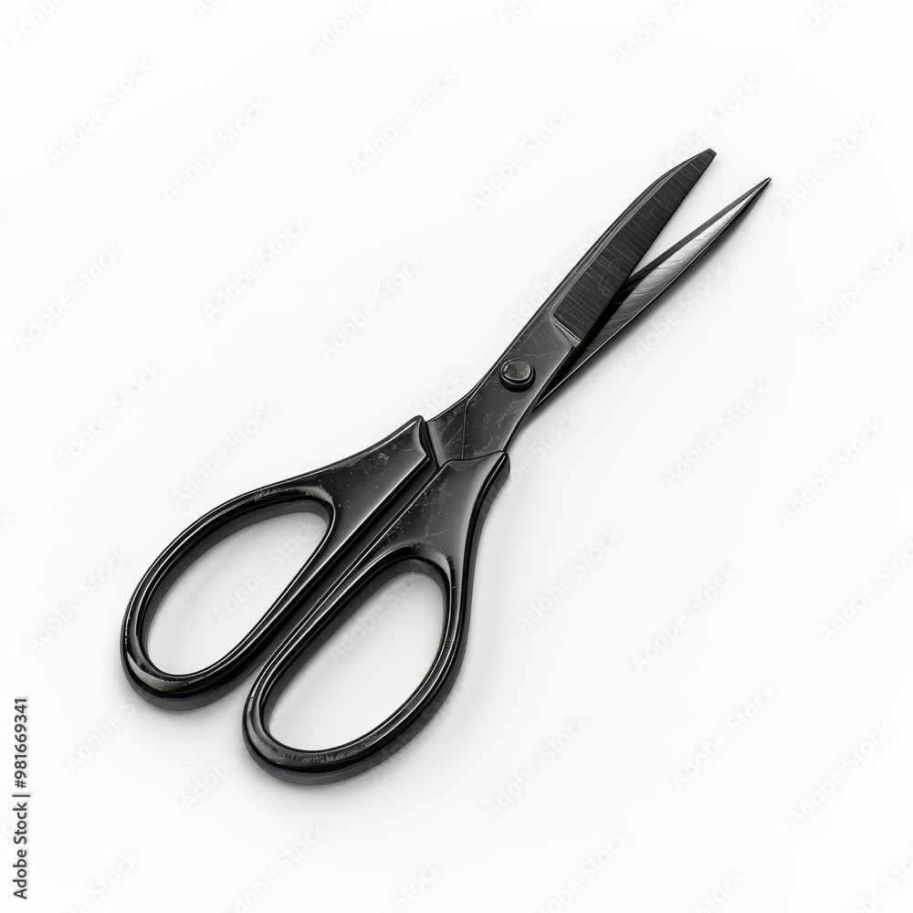 Black scissors are positioned diagonally on a plain white surface, showcasing their sharp blades and smooth handles, ideal for cutting various materials with precision. Black scissors are positioned diagonally on a plain white surface, showcasing their sharp blades and smooth handles, ideal for cutting various materials with precision.