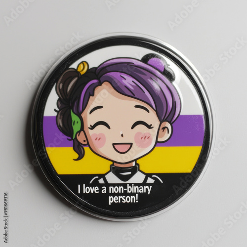 Purple, yellow, white and black illustration with the words I love a non-binary person. 