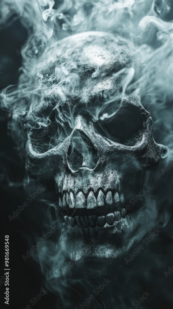 Skull surrounded by swirling smoke, eerie Skull surrounded by swirling smoke, eerie