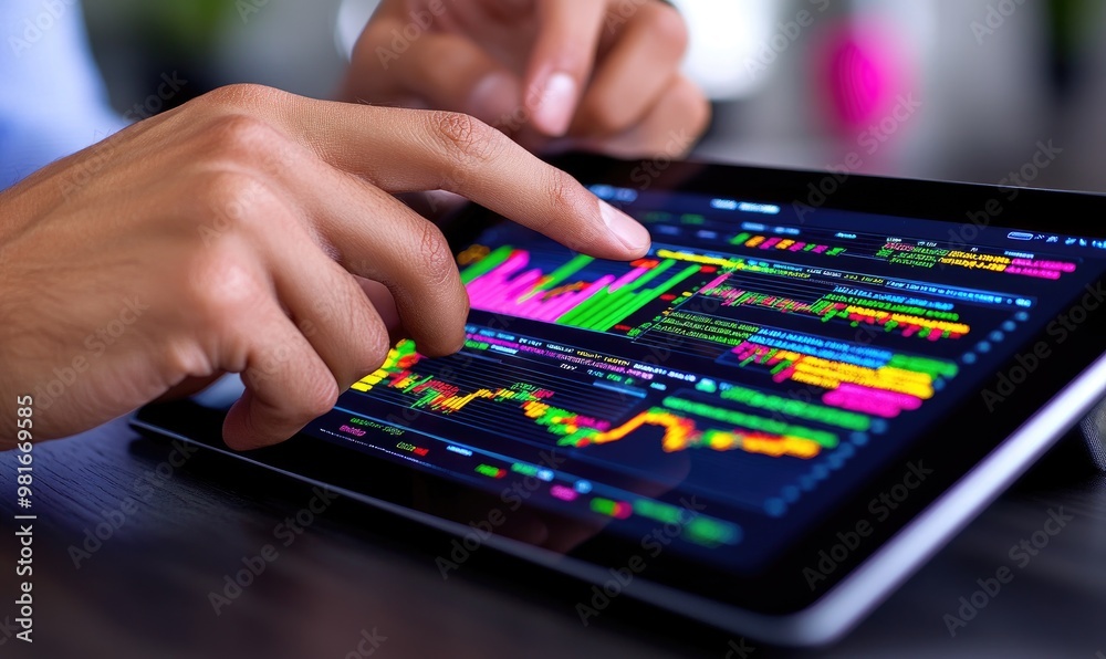 Person Browsing Financial News Articles on a Digital Tablet Surrounded by Stock Market Data