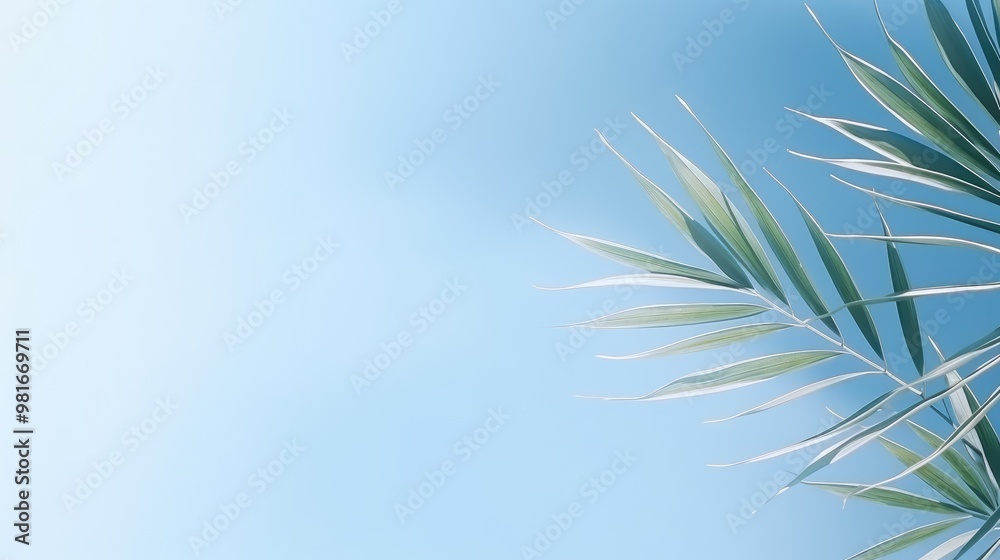 A delicate palm frond sways gently against a soft blue sky, creating a serene and tranquil scene. A delicate palm frond sways gently against a soft blue sky, creating a serene and tranquil scene.