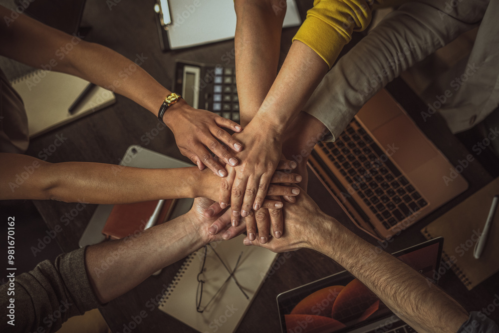 Fototapeta premium A group of people are holding hands in a circle. Concept of unity and teamwork