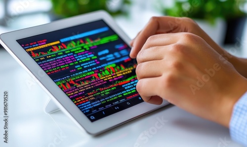 Person Browsing Financial News Articles on a Digital Tablet Surrounded by Stock Market Data