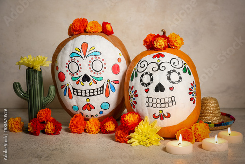 Pumpkins with painted skull...