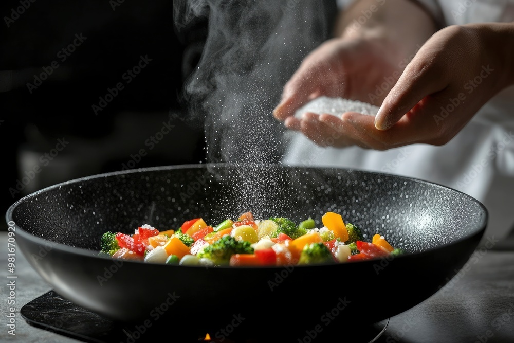 Cooking fresh vegetables. The chef adds salt to a steaming hot pan. Grande cuisine idea for a hotel with advertising space , ai Cooking fresh vegetables. The chef adds salt to a steaming hot pan. Grande cuisine idea for a hotel with advertising space , ai
