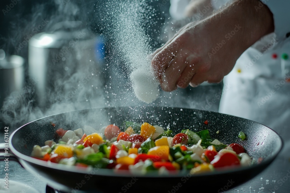 Cooking fresh vegetables. The chef adds salt to a steaming hot pan. Grande cuisine idea for a hotel with advertising space , ai Cooking fresh vegetables. The chef adds salt to a steaming hot pan. Grande cuisine idea for a hotel with advertising space , ai