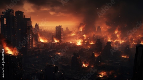 A fiery inferno engulfs a city, casting an eerie glow on the surrounding buildings.