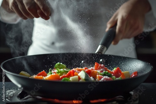 Cooking fresh vegetables. The chef adds salt to a steaming hot pan. Grande cuisine idea for a hotel with advertising space , ai