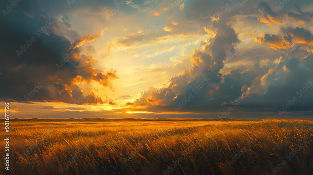 Fototapeta premium This image captures a stunning sunrise over a vast field, with dramatic clouds and golden light illuminating the landscape. Dramatic. Illustration