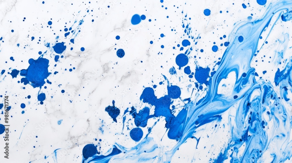 Splattered blue paint on white marble, vibrant abstract background generative ai Splattered blue paint on white marble, vibrant abstract background generative ai