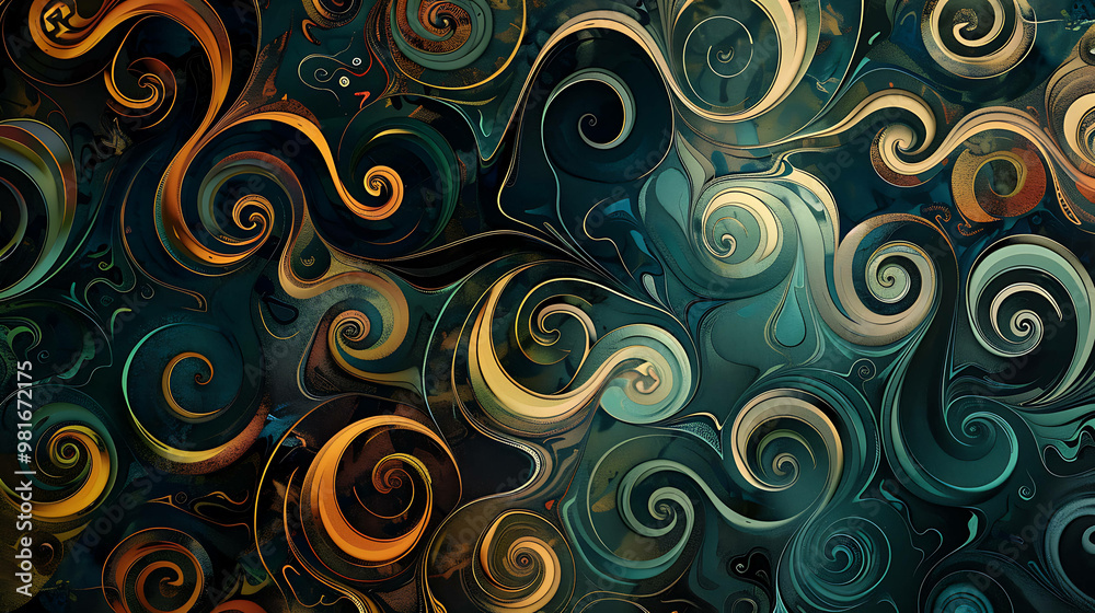 Abstract swirls and patterns in teal, black, gold, and brown hues. Abstract swirls and patterns in teal, black, gold, and brown hues.