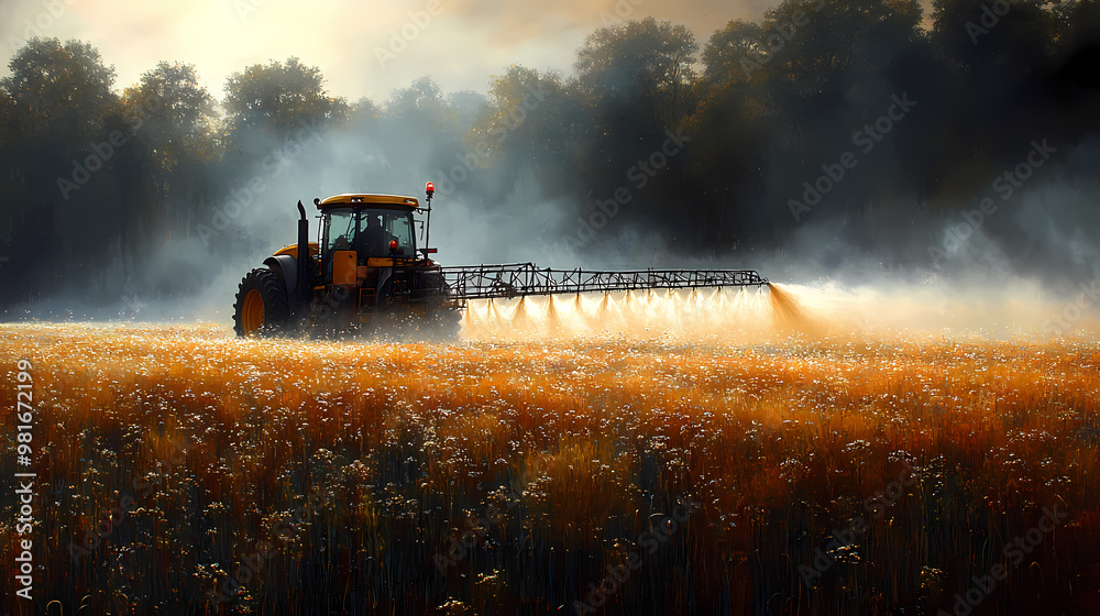 Fototapeta premium Tractor irrigating a tall grass field.
