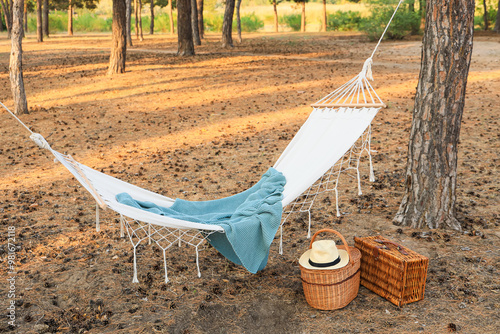 White hammock with plaid an...