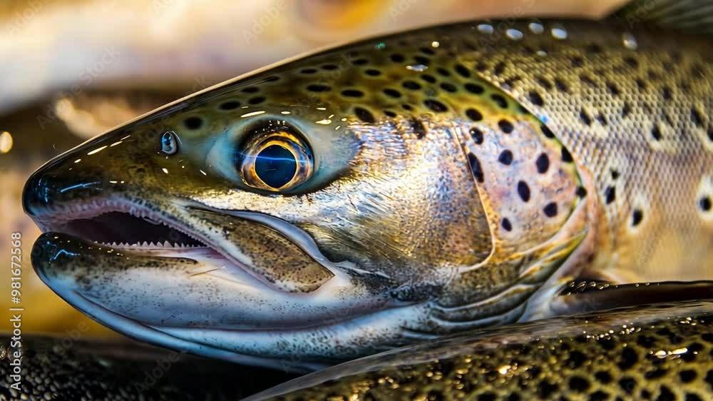 This the Brown trout showcases its unique markings and iridescent scales at a bustling fish market. This the Brown trout showcases its unique markings and iridescent scales at a bustling fish market.