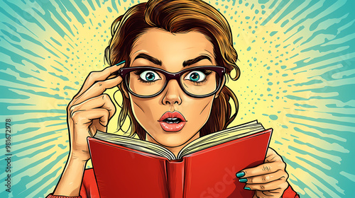 Woman is reading book lifting glasses and squinting eyes due to problems caused by poor vision. Tense. Illustration