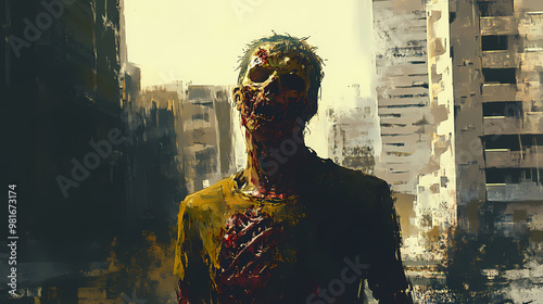 Zombie apocalypse, years later with one person. generative ai. Tense. Illustration photo