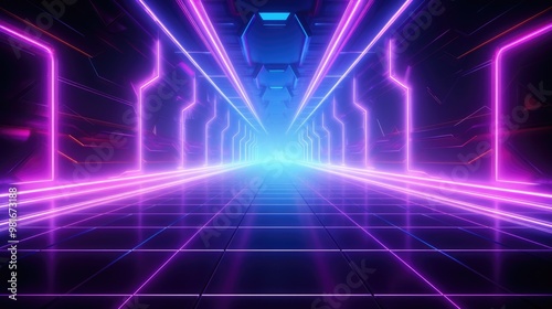 A futuristic tunnel with glowing neon lights and a checkered floor. The vibrant colors create a sense of energy and excitement.