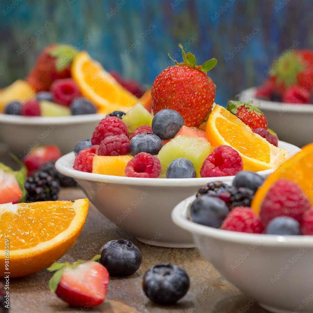 Classic fruit salads with depth of field featuring a mix of fresh berries and citrus slices Classic fruit salads with depth of field featuring a mix of fresh berries and citrus slices