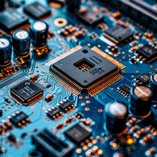 A detailed view of a microprocessor positioned on a complex circuit board, showcasing electronic components and intricate pathways in a tech assembly setting.