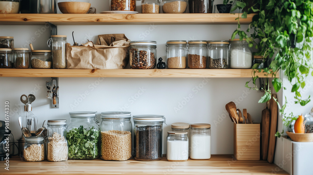 A minimalist kitchen with glass jars, reusable bags, and compostable packaging, a zero-waste lifestyle. The countertops are clean and organized, with no single-use plastics in sight A minimalist kitchen with glass jars, reusable bags, and compostable packaging, a zero-waste lifestyle. The countertops are clean and organized, with no single-use plastics in sight