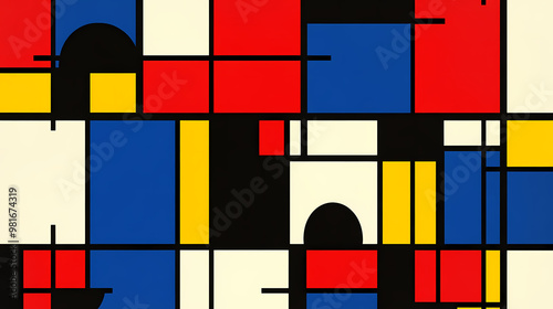 Vibrant mondrianstyle geometric forms composing a striking abstract pattern. De Stijl. Illustration photo