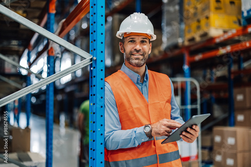 Warehouse manager uses a tablet to maintain vast inventory photo