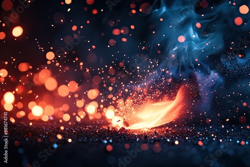 Fire sparks and smoke on a dark background. This photo is perfect for adding a fiery, energetic element to your designs.