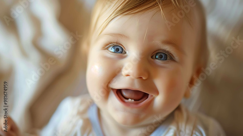A close up of a baby with big blue eyes smiling.
