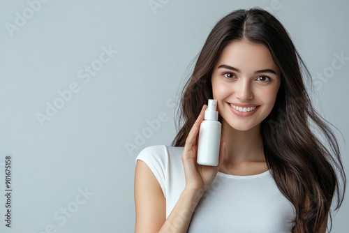 Woman, portrait and hair care in studio with beauty from salon treatment, cosmetics and shampoo shine. Model, person and smile with skincare for wellness, dermatology and glowing , ai