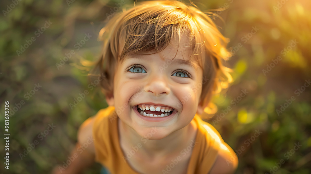 A young boy with blond hair and blue eyes smiles brightly at the camera. A young boy with blond hair and blue eyes smiles brightly at the camera.