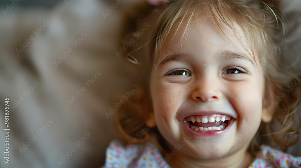 A little girl with blonde hair and brown eyes is laughing with her mouth open and showing her teeth. A little girl with blonde hair and brown eyes is laughing with her mouth open and showing her teeth.