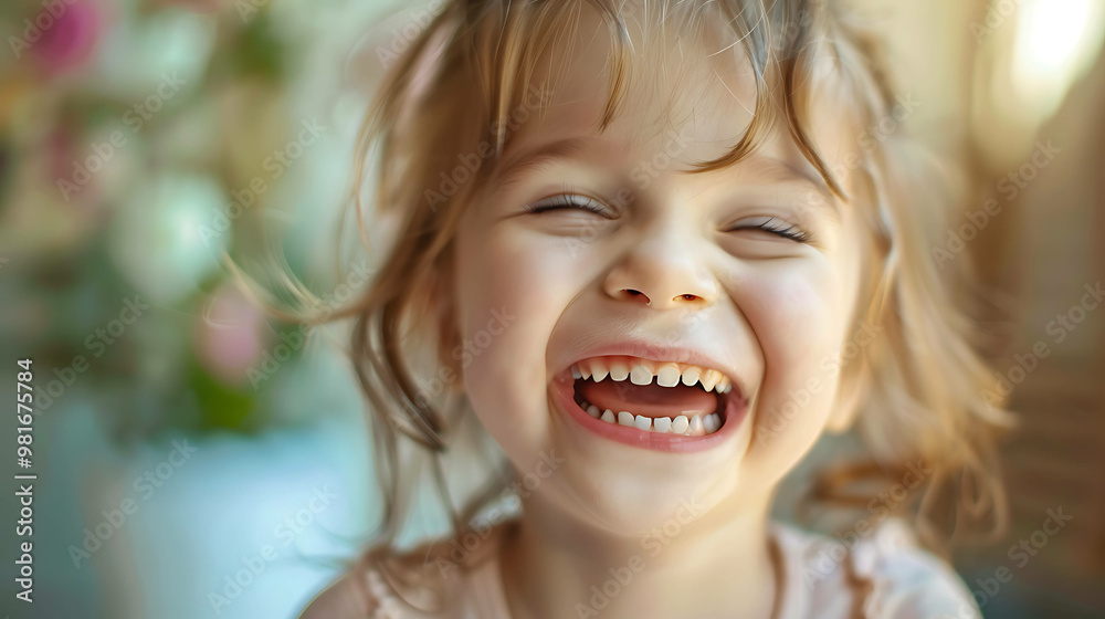 A little girl with blonde hair laughs with joy.