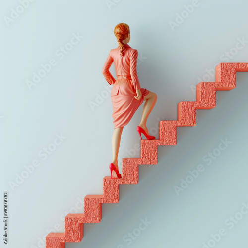 A woman wearing a pastel pink dress and red high heels ascends a uniquely textured staircase. The scene highlights determination and ambition, emphasizing her progress. photo