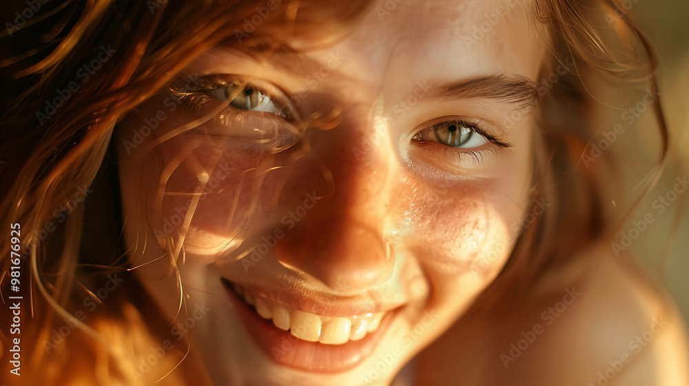A close-up of a woman with red hair and freckles smiling brightly. A close-up of a woman with red hair and freckles smiling brightly.