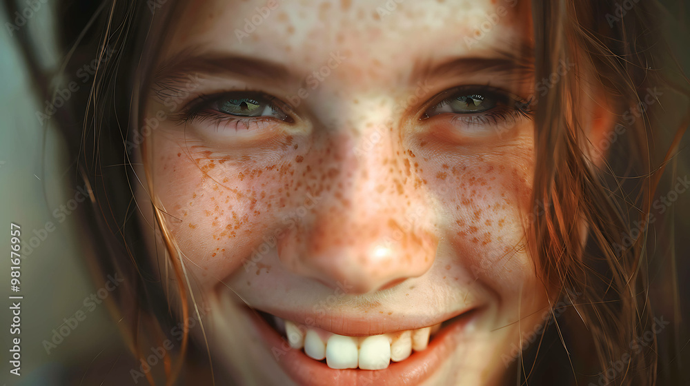 Close-up of a young woman smiling, showing her freckles. Close-up of a young woman smiling, showing her freckles.