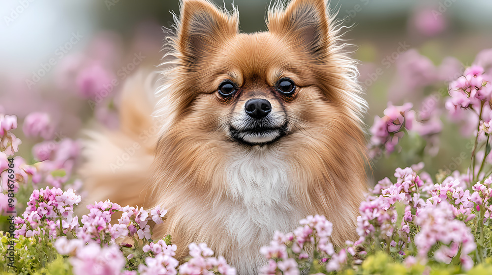 Dog in a flower field with blurred background Dog in a flower field with blurred background