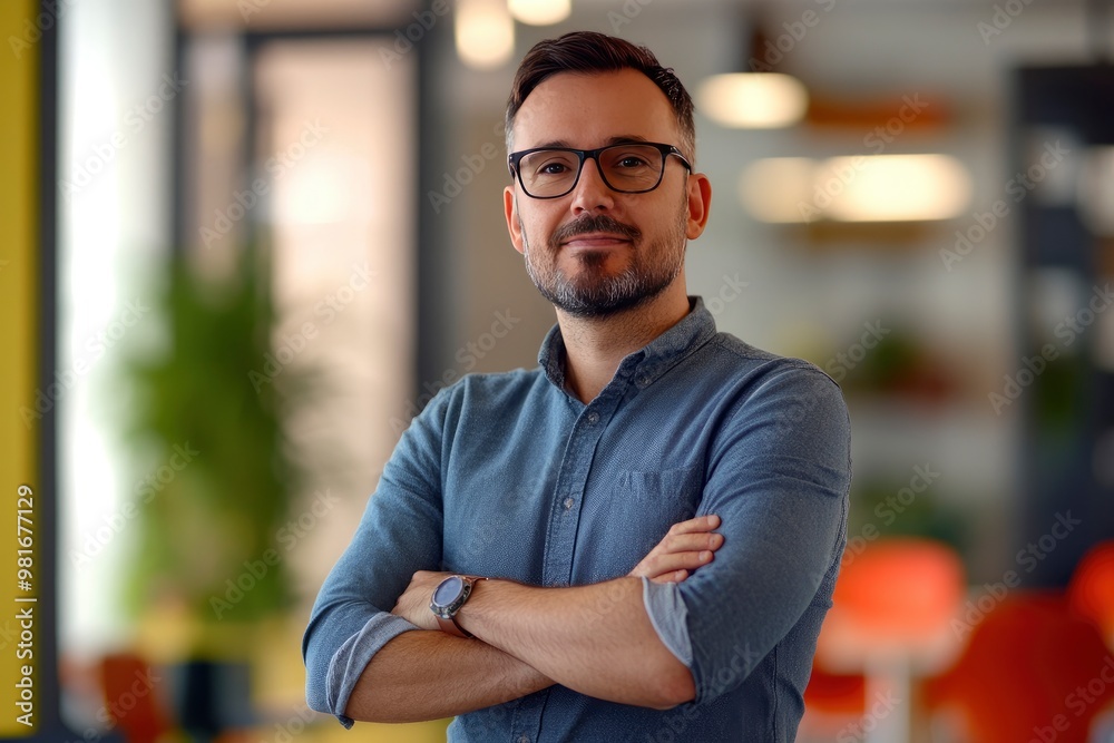 Obraz premium Portrait, glasses and business man with arms crossed in startup office for pride in career or job. Creative, face and confident professional entrepreneur, copywriter and employee coworking , ai