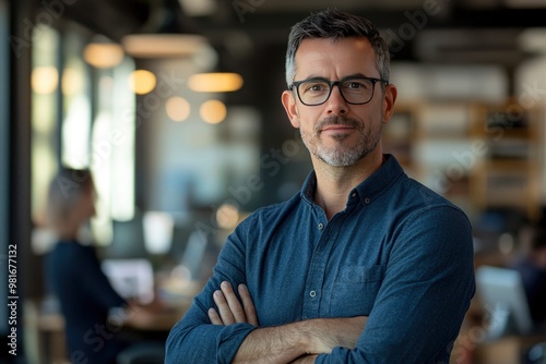 Portrait, glasses and business man with arms crossed in startup office for pride in career or job. Creative, face and confident professional entrepreneur, copywriter and employee coworking , ai