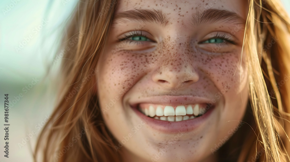 Close-up of a young woman smiling with freckles and green eyes. Close-up of a young woman smiling with freckles and green eyes.