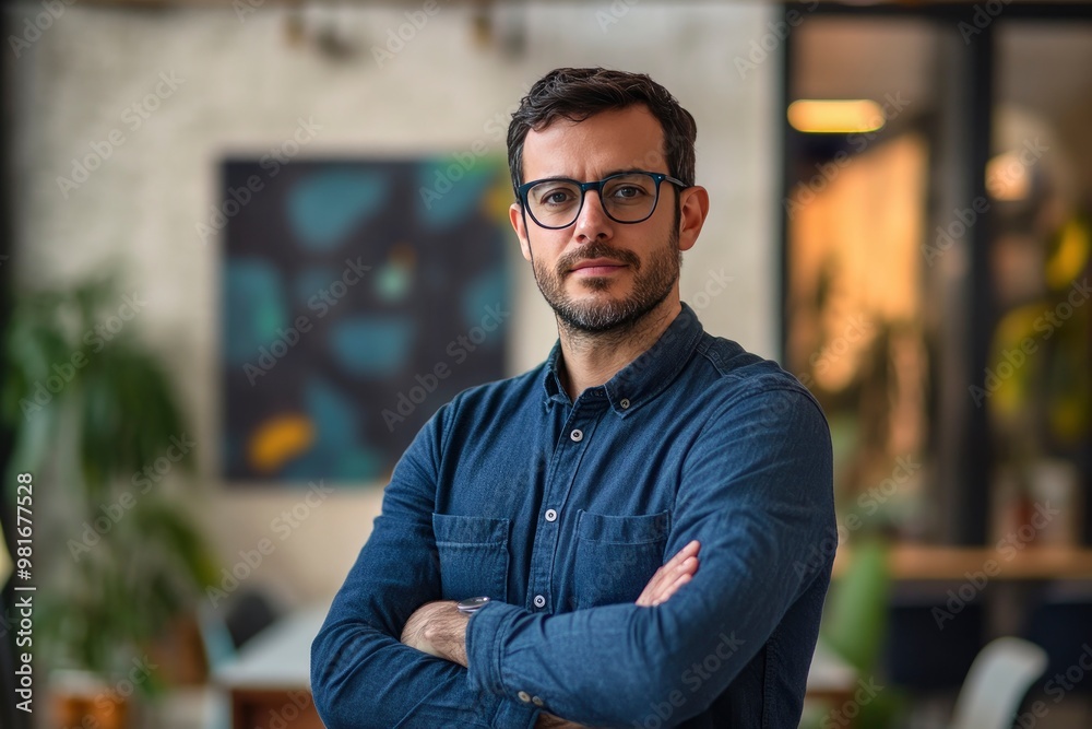 Portrait, glasses and business man with arms crossed in startup office for pride in career or job. Creative, face and confident professional entrepreneur, copywriter and employee coworking , ai Portrait, glasses and business man with arms crossed in startup office for pride in career or job. Creative, face and confident professional entrepreneur, copywriter and employee coworking , ai