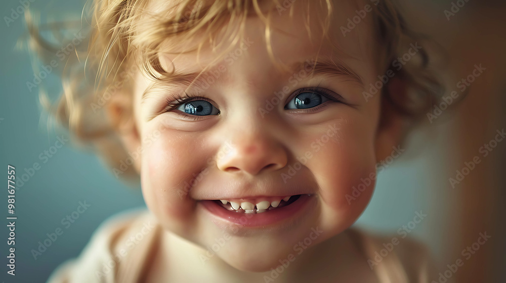 Close-up portrait of a happy baby girl with blonde curly hair and big blue eyes. Close-up portrait of a happy baby girl with blonde curly hair and big blue eyes.