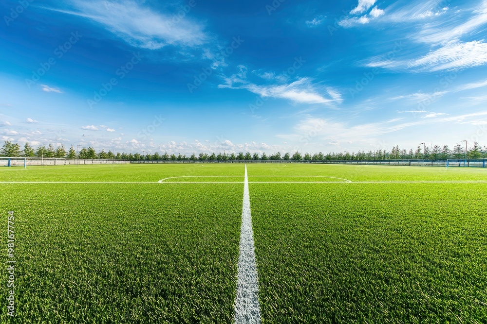 Obraz premium Empty nobody soccer stadium field with blue sky, soccer background, ai
