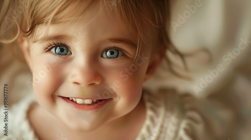 Close-up of a happy baby girl with big blue eyes and a toothy grin.